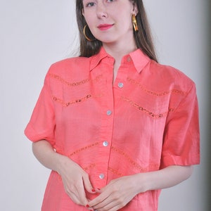 Vintage casual women coral blouse with short sleeve, Size L