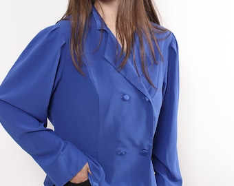 Blazer peplum azul cobalto vintage anos 80, abotoamento duplo, Alemanha Ocidental, tamanho M
