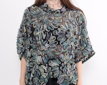 Blusa floreale trasparente anni '90, top oversize vintage in rete nera con fiori testurizzati, taglia L