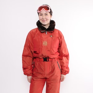 Combinaison de ski une pièce des années 80, combinaison d&#39;hiver vintage, combinaison de neige rétro pour femme orange, taille M