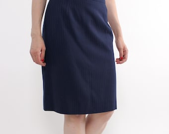 90s navy blue skirt, vintage wool blend pencil skirt in pinstripe, Size L