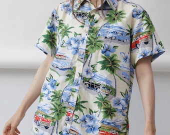 90s Classic Car Hawaiian Shirt Palm Tree Hibiscus Print Cream Mens M