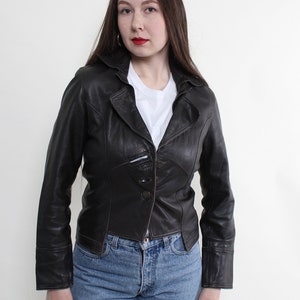 80s leather crop jacket in black, vintage biker rocker jacket, Size M