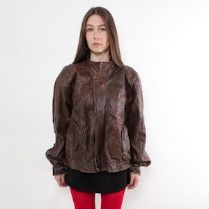 Vintage 90s Brown Leather Jacket, Retro Oversized Bomber Style Coat, Size L