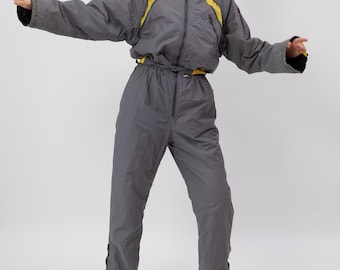 80s Grey Yellow Zip Vent Ski Suit Tie Belt One Piece Snowsuit M