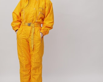 Vintage Yellow Ski Suit One Piece Embroidered Belted Size S