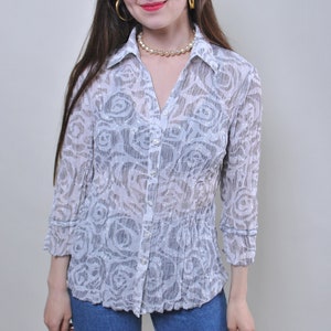 Sheer Crinkle Blouse with Rose Swirl Print, 90s Sequin Detail Button-Up in Silver Grey, M