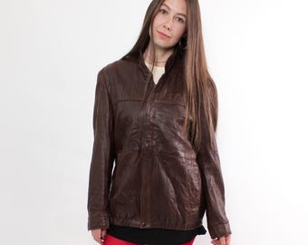 Vintage 90s Brown Leather Jacket with Polyester Lining, Retro oversized leather coat, Size L