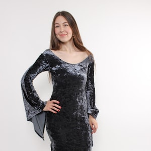 90s Grey Velvet Maxi Dress: Witchy Flared Sleeve, Size S