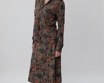 Vintage Floral Print Blouse & Midi Skirt Set Long Sleeve Size M