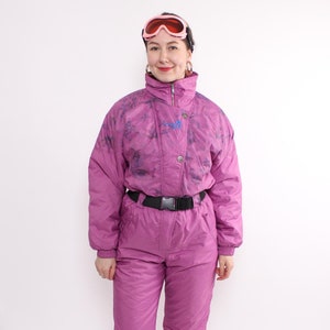 One piece ski suit, vintage women purple full snow suit, retro style colorful winter jumpsuit,  Size M