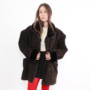 Vintage 90s Brown Leather Overcoat with Faux Fur Trim