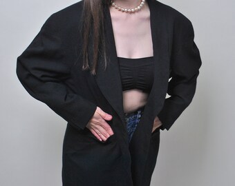 Blazer de lana negro con cuello chal de los 90, chaqueta de traje vintage extragrande minimalista de corte largo, talla L
