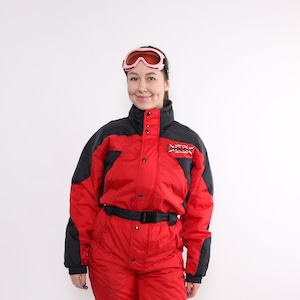 Red one piece ski suit, vintage 90s winter jumpsuit retro woman snowsuit, Size M