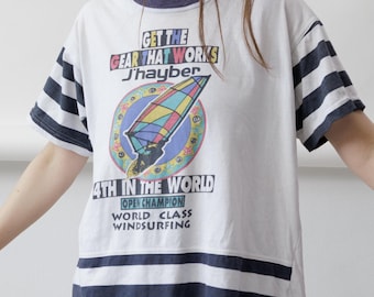 90s Windsurfing Graphic Tee Navy Striped Sleeves Ringer Neck Surf L