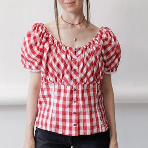 90s Red Gingham Dirndl Blouse Vintage Trachten Puff Sleeve Lace Trim Top Size M