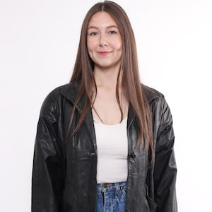 Blazer en cuir noir des années 90, trench-coat vintage automne pour femme, taille M