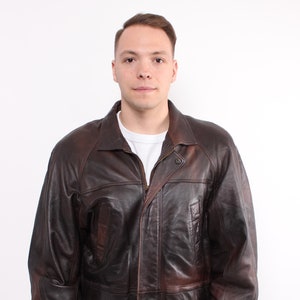 Veste en cuir grunge des années 80, veste parka de motard de couleur marron vintage, taille XL