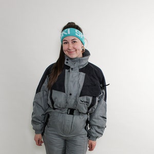 Vintage one piece ski suit, 90s dark color snowsuit, woman retro winter jumpsuit, Size M