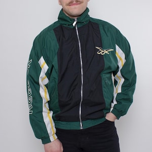 Vintage 90s Reebok Track Jacket, Green Black Retro Sportswear, Cotton Lined Zip Up L