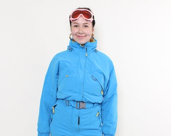 Einteiliger Skianzug, Vintage Damen Skioverall, 90er Jahre blauer Schneeanzug, Größe M