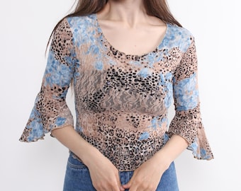Leopard Print Mesh Top Y2K French Ruffle Sleeve Fitted Crop Blouse Size S
