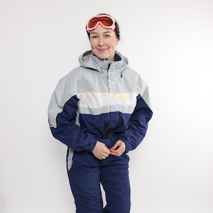90s one piece ski suit in blue, vintage woman full winter jumpsuit snowsuit, Size M