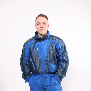 Blue One piece ski suit, vintage 90 snow suit, men ski jumpsuit, Size XL