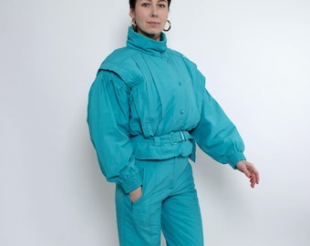 Vintage 90s One Piece Ski Suit, Retro Women Blue Snowsuit, Size M