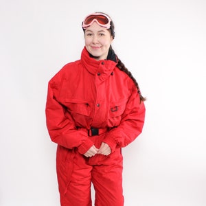 80s one piece ski suit, vintage winter jumpsuit, women snowsuit in red, Size XL