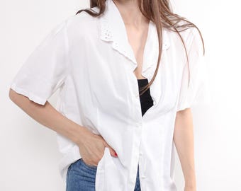 Vintage Embroidered White Blouse, 90s Retro Cottagecore Puff Sleeve Shirt Shoulder Pads, Size L