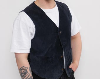 Gilet vintage da uomo in pelle scamosciata blu navy anni '90 con cinque bottoni e tasche a filetto, taglia L.