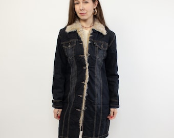 Vintage Denim Coat Blue, 90s Minimal Outerwear, Everyday Layering Coat, Size M