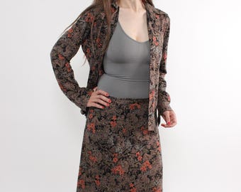 90s Brown Floral Two Piece Set Vintage Blouse Midi Skirt Size M