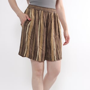 90s brown striped shorts, vintage wide leg viscose summer bermuda, Size M-L