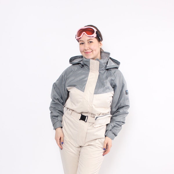 90s one piece ski suit, vintage beige snowsuit, women ski jumpsuit,  Size M