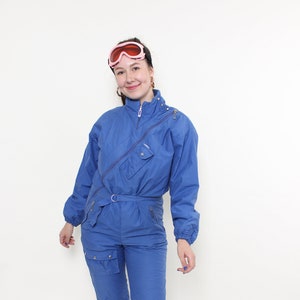 80s one piece ski suit, vintage blue snowsuit, women ski jumpsuit, Size M