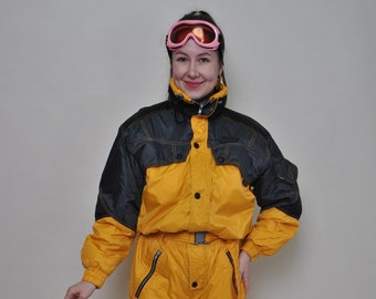 Yellow one piece ski suit, vintage 90s black snowsuit, woman retro jumpsuit, Size M