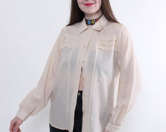 Beige secretary blouse, 80s sheer formal blouse, Size L