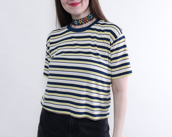 y2k cropped tshirt, 2000s yellow summer striped tee, Size M