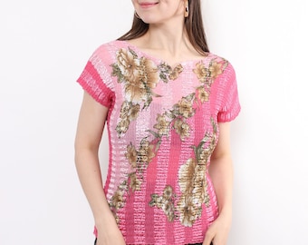 2000s pink color popcorn textured top, vintage y2k floral print bubble blouse, Size M