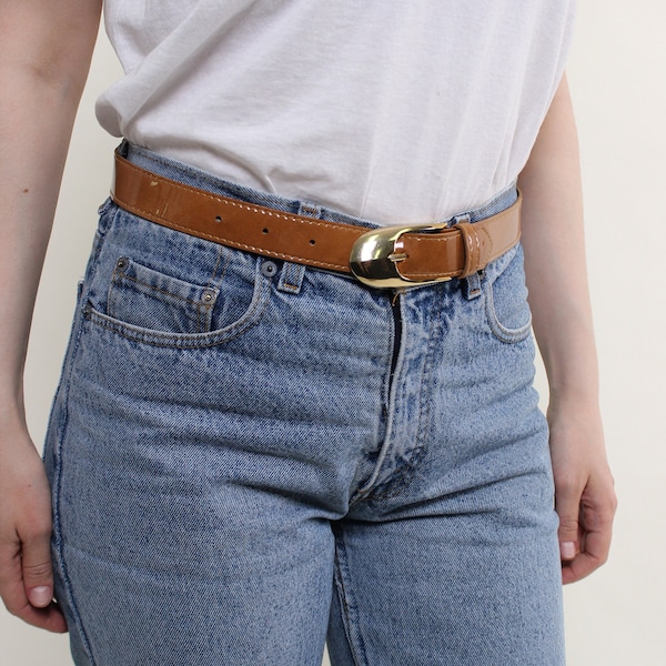 Retro tiny belt, faux leather belt  with gold buckle MEDIUM size 90s women brown belt