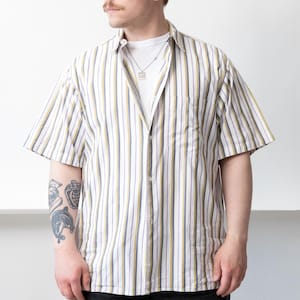 90s Multi Stripe Short Sleeve Shirt Vintage Boxy Fit Oversized Cotton Size L