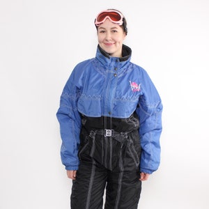 90s one piece ski suit, vintage winter jumpsuit, women snowsuit in blue and black, Size L