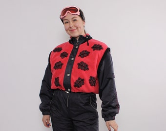 Einteiliger Skianzug aus den 90er Jahren, schwarzer Vintage-Skioverall, Retro-Schneeanzug, Größe M