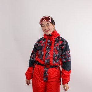 Red one piece ski suit, vintage 90s snowsuit, retro women winter jumpsuit, Size M