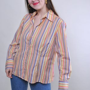 Vintage striped print blouse, 90s multicolor button front blouse with long sleeve, Size L