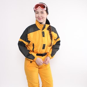 80s One piece ski suit, vintage yellow snowsuit, Size S