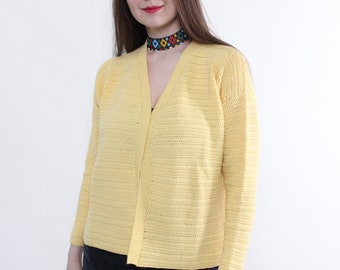 Vintage minimalist knit cardigan in yellow, 90s retro v-neck sweater cardigan, Size M