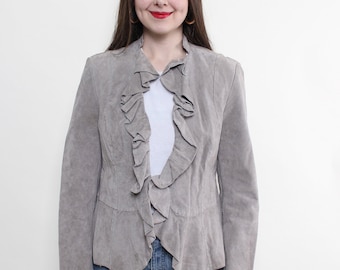 Blazer de ante gris paloma para mujer, con volantes en la parte delantera, estilo vintage romántico, corte entallado, talla L.